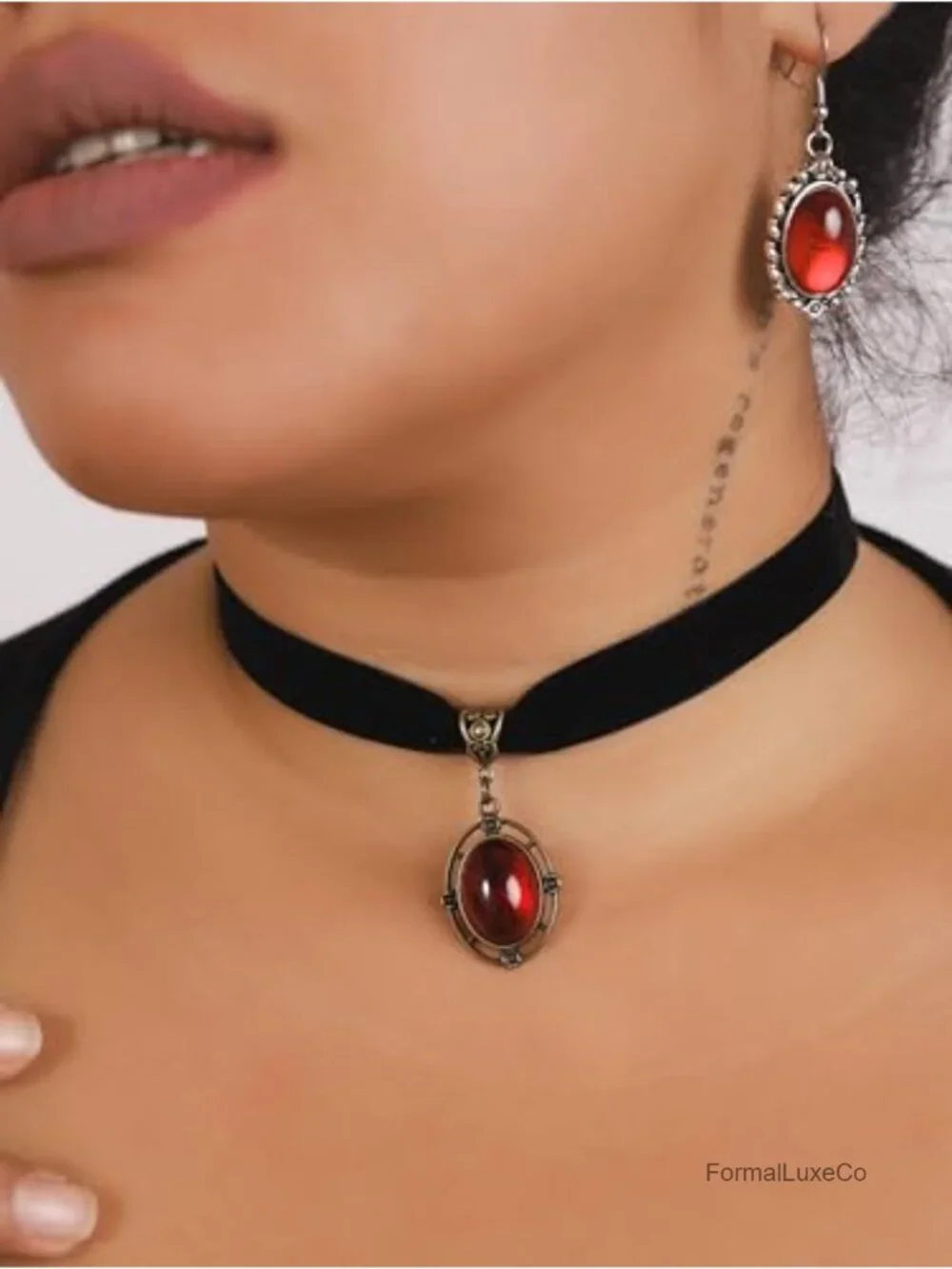 Gothic Victorian Velvet Choker with Red Teardrop Pendant